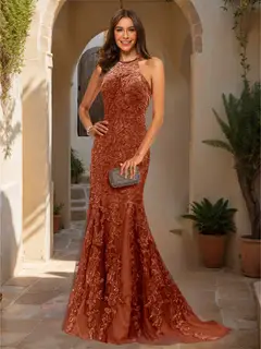 Trumpet/Mermaid Halter Sleeveless Applique Prom Dresses — view 26