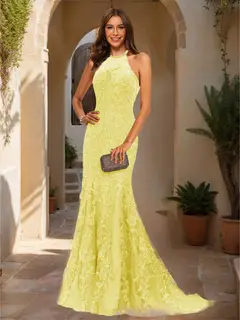 Trumpet/Mermaid Halter Sleeveless Applique Prom Dresses — view 27