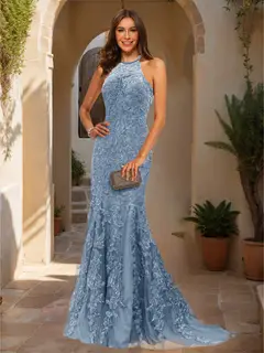Trumpet/Mermaid Halter Sleeveless Applique Prom Dresses — view 28