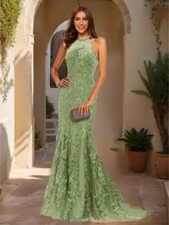 Trumpet/Mermaid Halter Sleeveless Applique Prom Dresses — view 29