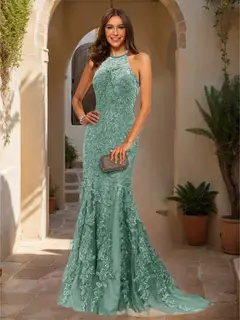 Trumpet/Mermaid Halter Sleeveless Applique Prom Dresses — view 30
