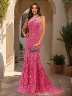 Trumpet/Mermaid Halter Sleeveless Applique Prom Dresses — view 32