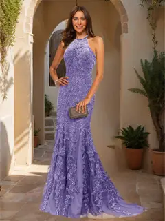 Trumpet/Mermaid Halter Sleeveless Applique Prom Dresses — view 35