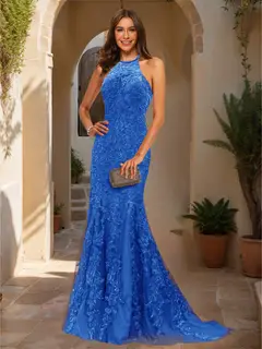 Trumpet/Mermaid Halter Sleeveless Applique Prom Dresses — view 36