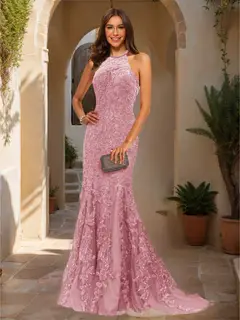 Trumpet/Mermaid Halter Sleeveless Applique Prom Dresses — view 37