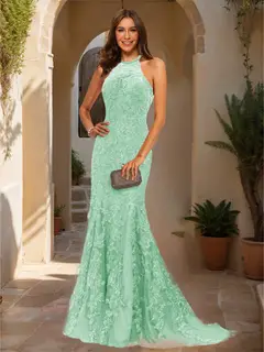 Trumpet/Mermaid Halter Sleeveless Applique Prom Dresses — view 38