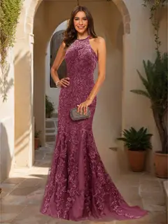 Trumpet/Mermaid Halter Sleeveless Applique Prom Dresses — view 39
