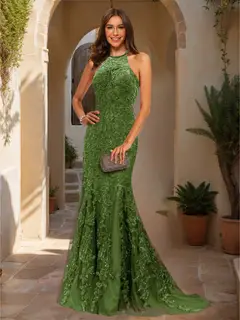 Trumpet/Mermaid Halter Sleeveless Applique Prom Dresses — view 41