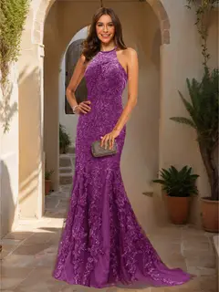 Trumpet/Mermaid Halter Sleeveless Applique Prom Dresses — view 42