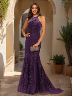 Trumpet/Mermaid Halter Sleeveless Applique Prom Dresses — view 46