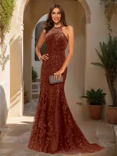 Trumpet/Mermaid Halter Sleeveless Applique Prom Dresses — view 47