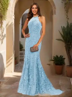 Trumpet/Mermaid Halter Sleeveless Applique Prom Dresses — view 49