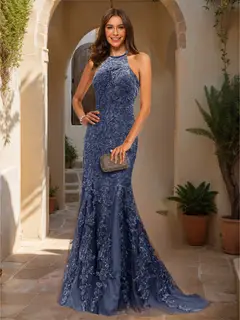 Trumpet/Mermaid Halter Sleeveless Applique Prom Dresses — view 50