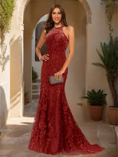 Trumpet/Mermaid Halter Sleeveless Applique Prom Dresses — view 52