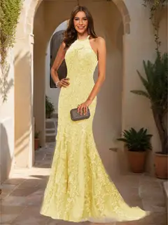 Trumpet/Mermaid Halter Sleeveless Applique Prom Dresses — view 53