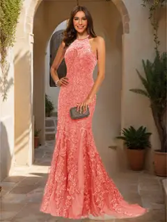 Trumpet/Mermaid Halter Sleeveless Applique Prom Dresses — view 54