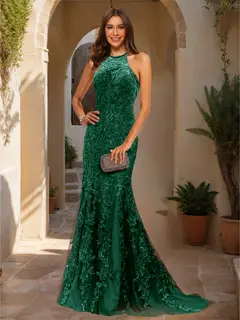 Trumpet/Mermaid Halter Sleeveless Applique Prom Dresses — view 55