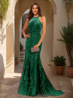Trumpet/Mermaid Halter Sleeveless Applique Prom Dresses — view 56