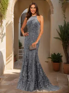 Trumpet/Mermaid Halter Sleeveless Applique Prom Dresses — view 59