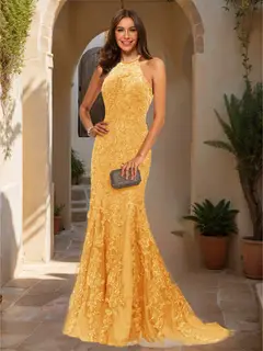 Trumpet/Mermaid Halter Sleeveless Applique Prom Dresses — view 61