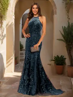 Trumpet/Mermaid Halter Sleeveless Applique Prom Dresses — view 62