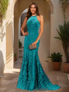 Trumpet/Mermaid Halter Sleeveless Applique Prom Dresses — view 64