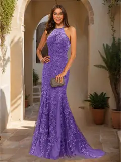 Trumpet/Mermaid Halter Sleeveless Applique Prom Dresses — view 65