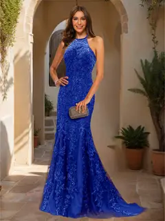 Trumpet/Mermaid Halter Sleeveless Applique Prom Dresses — view 66