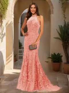 Trumpet/Mermaid Halter Sleeveless Applique Prom Dresses — view 67