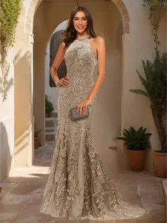 Trumpet/Mermaid Halter Sleeveless Applique Prom Dresses — view 71