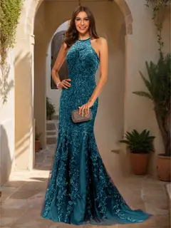 Trumpet/Mermaid Halter Sleeveless Applique Prom Dresses — view 72