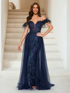 Sheath/Column Off-the-Shoulder Spaghetti Straps Maxi Tulle Evening Dresses with Feathers & Appliques — view 1