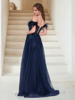 Sheath/Column Off-the-Shoulder Spaghetti Straps Maxi Tulle Evening Dresses with Feathers & Appliques — view 2