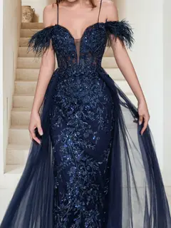 Sheath/Column Off-the-Shoulder Spaghetti Straps Maxi Tulle Evening Dresses with Feathers & Appliques — view 3
