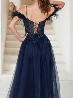 Sheath/Column Off-the-Shoulder Spaghetti Straps Maxi Tulle Evening Dresses with Feathers & Appliques — view 4