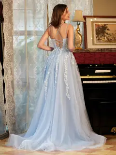 A-Line/Princess Tulle Spaghetti Straps Applique Long Prom Dresses — view 2