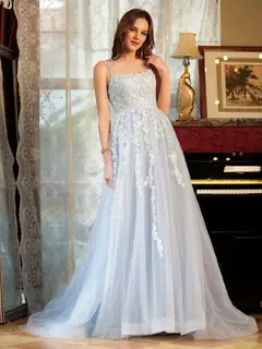 A-Line/Princess Tulle Spaghetti Straps Applique Long Prom Dresses — view 3