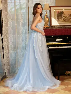 A-Line/Princess Tulle Spaghetti Straps Applique Long Prom Dresses — view 5