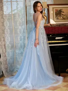 A-Line/Princess Tulle Spaghetti Straps Applique Long Prom Dresses — view 6