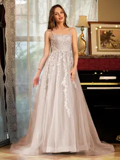 A-Line/Princess Tulle Spaghetti Straps Applique Long Prom Dresses — view 7