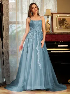 A-Line/Princess Tulle Spaghetti Straps Applique Long Prom Dresses — view 8