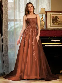 A-Line/Princess Tulle Spaghetti Straps Applique Long Prom Dresses — view 9