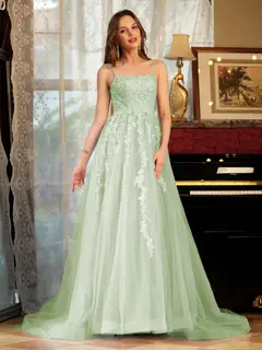 A-Line/Princess Tulle Spaghetti Straps Applique Long Prom Dresses — view 10