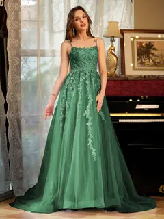 A-Line/Princess Tulle Spaghetti Straps Applique Long Prom Dresses — view 11