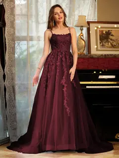 A-Line/Princess Tulle Spaghetti Straps Applique Long Prom Dresses — view 12
