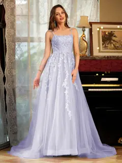 A-Line/Princess Tulle Spaghetti Straps Applique Long Prom Dresses — view 14