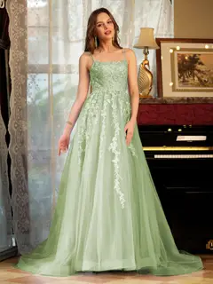 A-Line/Princess Tulle Spaghetti Straps Applique Long Prom Dresses — view 16