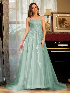 A-Line/Princess Tulle Spaghetti Straps Applique Long Prom Dresses — view 17