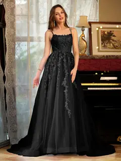 A-Line/Princess Tulle Spaghetti Straps Applique Long Prom Dresses — view 18
