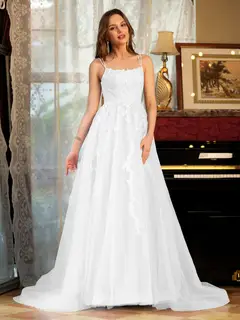 A-Line/Princess Tulle Spaghetti Straps Applique Long Prom Dresses — view 19